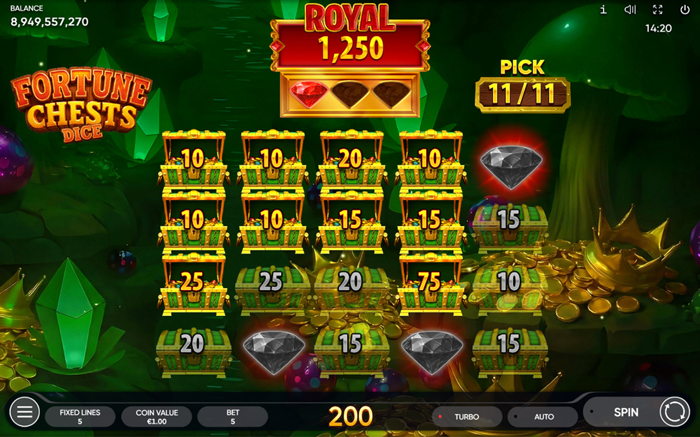 Fortune Chests Dice game screen with treasure chests and diamond symbols
