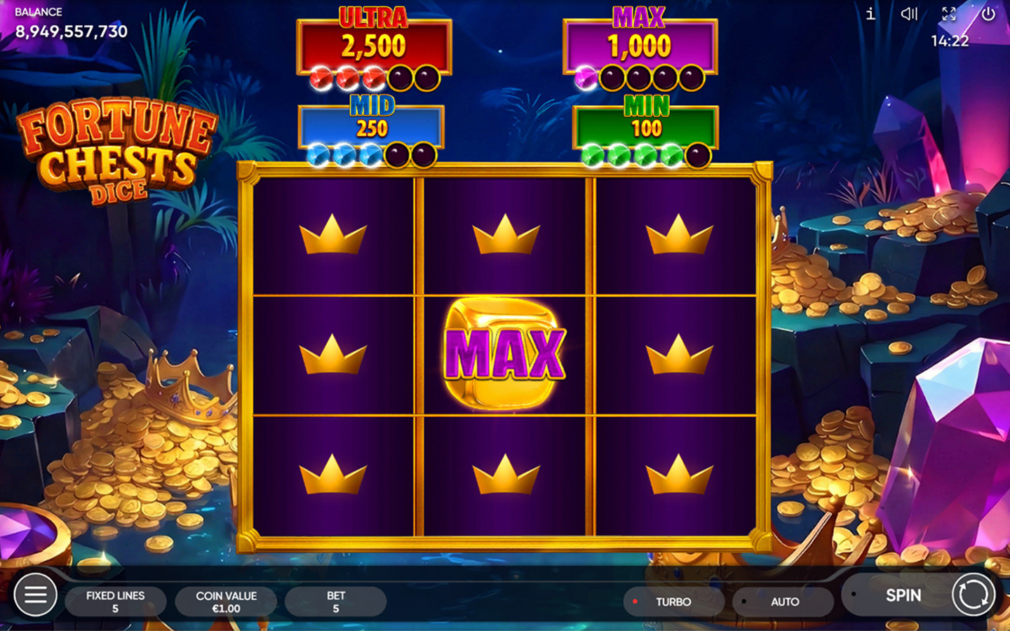 Fortune Chests Dice game screen with a MAX dice, crown symbols and Ultra, Max, Mid and Min values