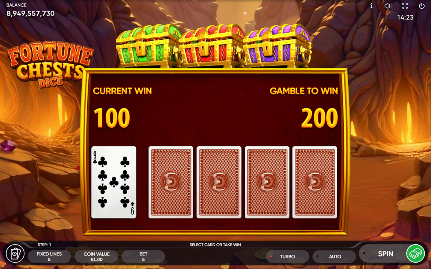 Fortune Chests Dice Risk Game screen with playing cards, Current Win 100 and Gamble to Win 200