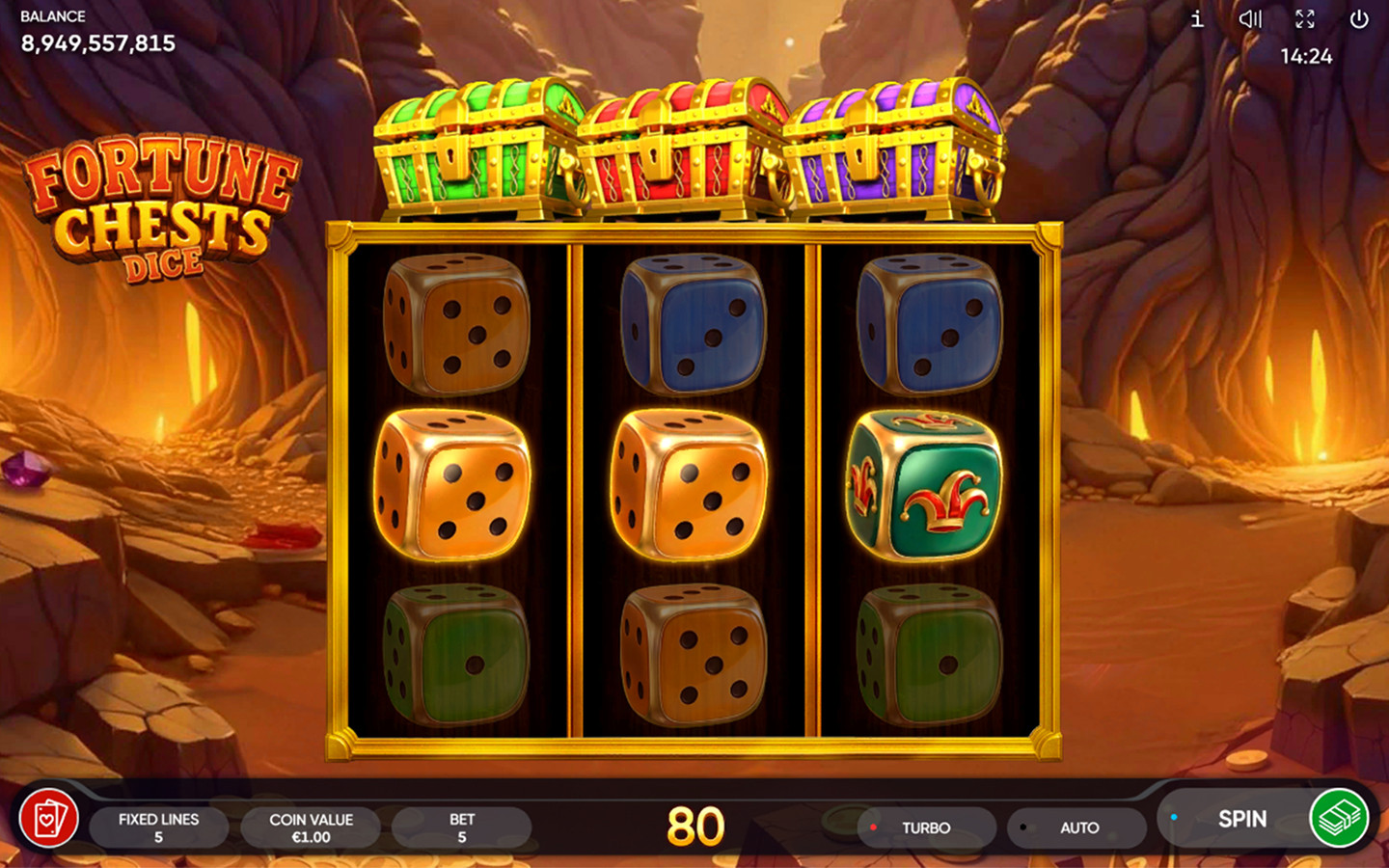 Fortune Chests Dice game screen with colorful dice symbols, three treasure chests and a win of 80