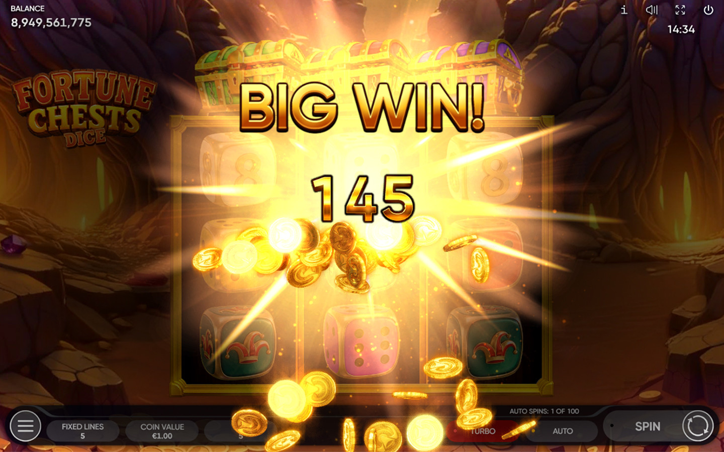 Fortune Chests Dice game screen showing a Big Win of 145 with golden coins and dice symbols