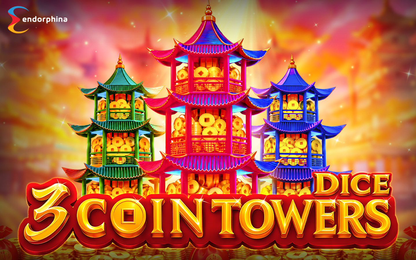 3 Coin Towers Dice promotional artwork showing three colorful Asian-style coin towers filled with golden coins and the game title