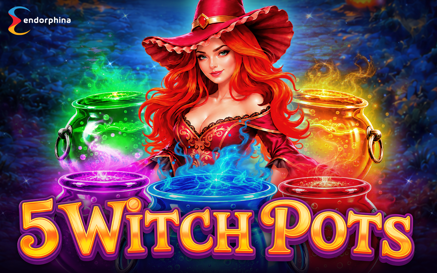 5 Witch Pots online slot game artwork by Endorphina featuring a red-haired witch in a magical hat surrounded by five colorful bubbling potion cauldrons.