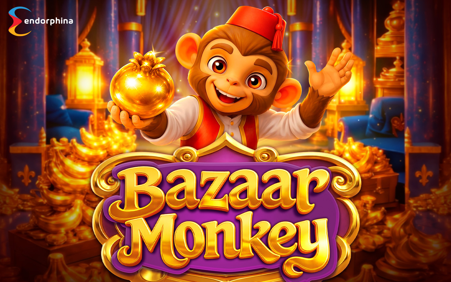 Bazaar Monkey slot by Endorphina showing the monkey character holding a glowing golden fruit, surrounded by piles of gold, with the Bazaar Monkey game title and Endorphina logo