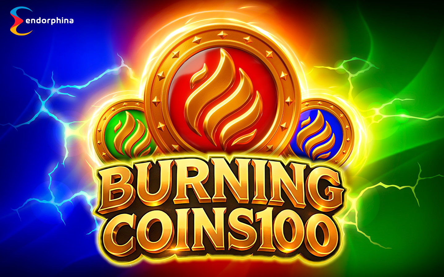 Burning Coins 100 game logo featuring three glowing gold coins with red, blue, and green emblems on a colorful lightning background.
