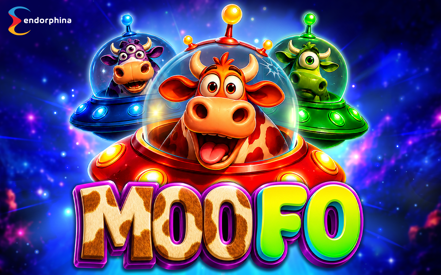 MooFo promotional artwork featuring three cartoon cows in colorful UFOs flying through space above the Moo Fo game logo.