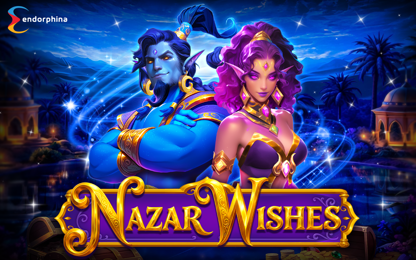 Nazar Wishes splash screen showing genie and sorceress characters above the game title logo.