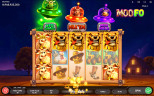 MooFo gameplay showing stacked goat symbols, Wild symbols, UFO bonus meters, and a 2,244-credit win on a farm-themed slot.