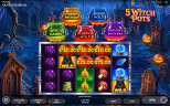 5 Witch Pots online slot game by Endorphina featuring colorful magical cauldrons, pumpkins, black cats, spiders, and glowing symbols in a spooky Halloween graveyard setting.
