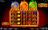 Burning Coins 100 gameplay showing classic fruit symbols, three flaming bonus coins, the Bonus Pop button, and the game logo.
