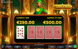 Gambleman slot gamble feature showing €250 win with option to double to €500 and a revealed 10 of diamonds card.