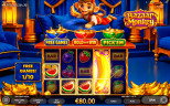 Bazaar Monkey slot by Endorphina showing Free Game 1 of 10, €80.00 win, fruit symbols and a large glowing banana on the reels, with Free Games, Hold and Win, and Pick’Em features displayed above