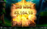 Big win animation in Clover Flames Dice slot by Endorphina showing €3,104.18 payout with glowing coins and dice symbols on a 5x5 grid.