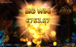 Joker Miner slot by Endorphina showing a Big Win celebration with glowing gold coins, bright lights, and a treasure-filled mine.