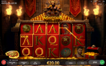 Minotaur ReBurn gameplay showing five reels with ancient Greek symbols and characters, a €10 winning payline, and the Minotaur seated above piles of gold coins