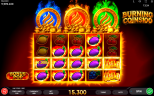 Burning Coins 100 gameplay with glowing fruit wins, stacked Wild symbols, flaming bonus coins, and a 15,300-credit win.