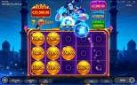 Nazar Wishes bonus hold-and-win screen showing coin values on reels, jackpots on the side, and a genie character above the grid.