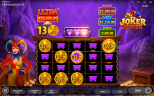 Joker Miner gameplay screenshot featuring a female jester, purple mine background, gold coins, mining carts, and colorful jackpot values.