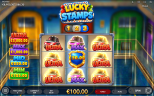 Lucky Stamps gameplay showing a 3x3 grid with Ultra and Max car symbols and jackpot prize levels