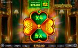 Gambleman slot bonus wheel showing a clover multiplier landing on x4 with €750 total win.