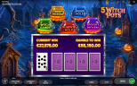 5 Witch Pots slot game by Endorphina showing a card gamble feature surrounded by colorful witch cauldrons in a spooky graveyard setting.