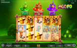MooFo gameplay showing stacked Wild symbols, UFO bonus meters, farm symbols, and a 55-credit win during Free Games.