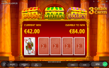 3 Golden Chests by Endorphina gamble feature showing a €42 current win and €84 gamble prize with playing card selection