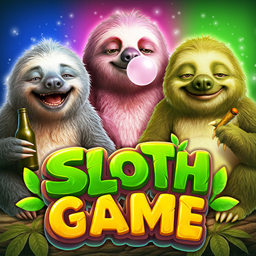 Tres perezosos sonrientes en una escena colorida de jungla, uno haciendo burbujas de chicle, con el título Sloth Game abajo