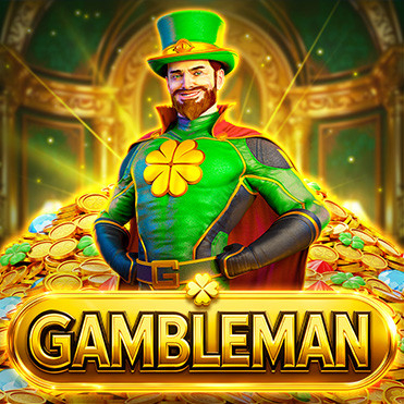 Leprechaun-themed superhero in green suit standing before a glowing pile of gold coins, with ‘GAMBLEMAN’ slot game title below.