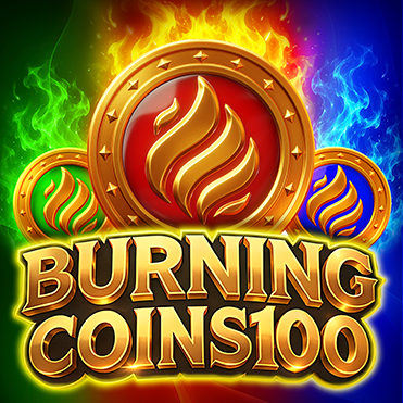 Logotipo de Burning Coins 100 con tres monedas doradas en llamas con fuego verde, rojo y azul sobre un fondo oscuro.