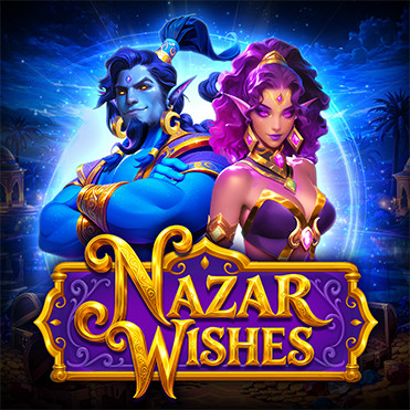 Nazar Wishes game logo with genie and sorceress characters on a night sky background.