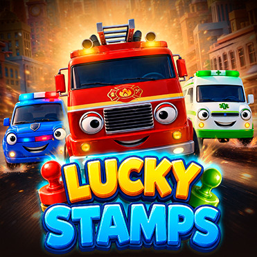 Portada del slot Lucky Stamps de Endorphina con un camión de bomberos, un coche de policía y una ambulancia