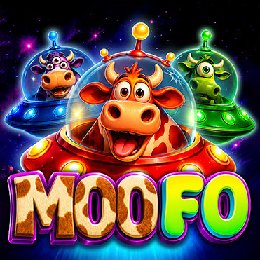 Moo Fo game logo featuring a smiling cow in a flying saucer with two alien cows in UFOs against a colorful outer space background.