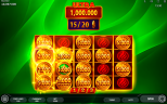 Burning Coins 100 Hold and Win bonus game showing prize coins on the reels and Ultra Jackpot progress at 15 of 20 coins.