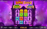 5 Witch Pots Halloween slot by Endorphina featuring mysterious bats, colorful glowing symbols, and gothic gates against a purple misty background.