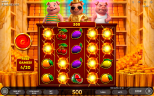 Pig-themed online slot by Endorphina showing the Free Games bonus round with expanding symbols, fruit reels, lucky pig characters, and enhanced payout opportunities.