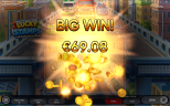 Lucky Stamps gameplay showing a Big Win of €69.08 with golden coins and emergency vehicles