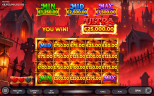 5 Witch Pots online slot by Endorphina displaying pumpkin symbols, jackpot prizes, and a fiery red Halloween graveyard with gothic castles.