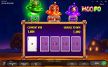 MooFo Risk Game screen showing four face-down cards and the option to double winnings from 1,800 to 3,600 credits.