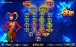 Joker Miner gameplay screenshot showing a female jester beside mining carts, colorful jackpot gems, and glowing blue crystals.