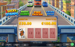 Lucky Stamps gameplay showing the Risk Game with a €50 current win and €100 gamble prize