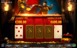 Minotaur ReBurn Risk Game showing a €300 current win, €600 gamble prize, playing cards, and a battle between the Minotaur and a warrior