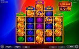 Burning Coins 100 Extended Bonus Game showing prize coins, colored Hot Hold Boost symbols, and Ultra Jackpot progress at 13 of 24 coins.