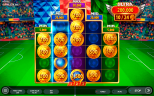 Football 2026 online slot Score Hold feature with collectible coin rewards, jackpot tiers, expanding bonus positions, and football-themed gameplay in a stadium setting.