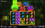 5 Witch Pots slot game by Endorphina featuring glowing green witch cauldrons, magical hats, black cats, and colorful symbols during free games.