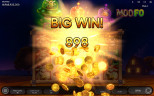 MooFo Big Win screen showing an 898-credit payout with animated gold coins over the farm-themed slot reels.