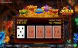 Joker Miner slot by Endorphina featuring a card selection screen with playing cards, gold-filled mining carts, and colorful crystals.