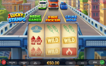 Lucky Stamps gameplay showing a 3x3 reel with Wild, fire hydrant and police hat symbols