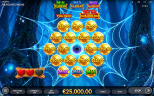 5 Witch Pots Halloween slot by Endorphina featuring golden coins arranged on a glowing spiderweb in an enchanted blue forest.