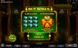 Gambleman slot buy bonus screen showing 9-of-a-kind feature, clover wheel multipliers, and €805 purchase.